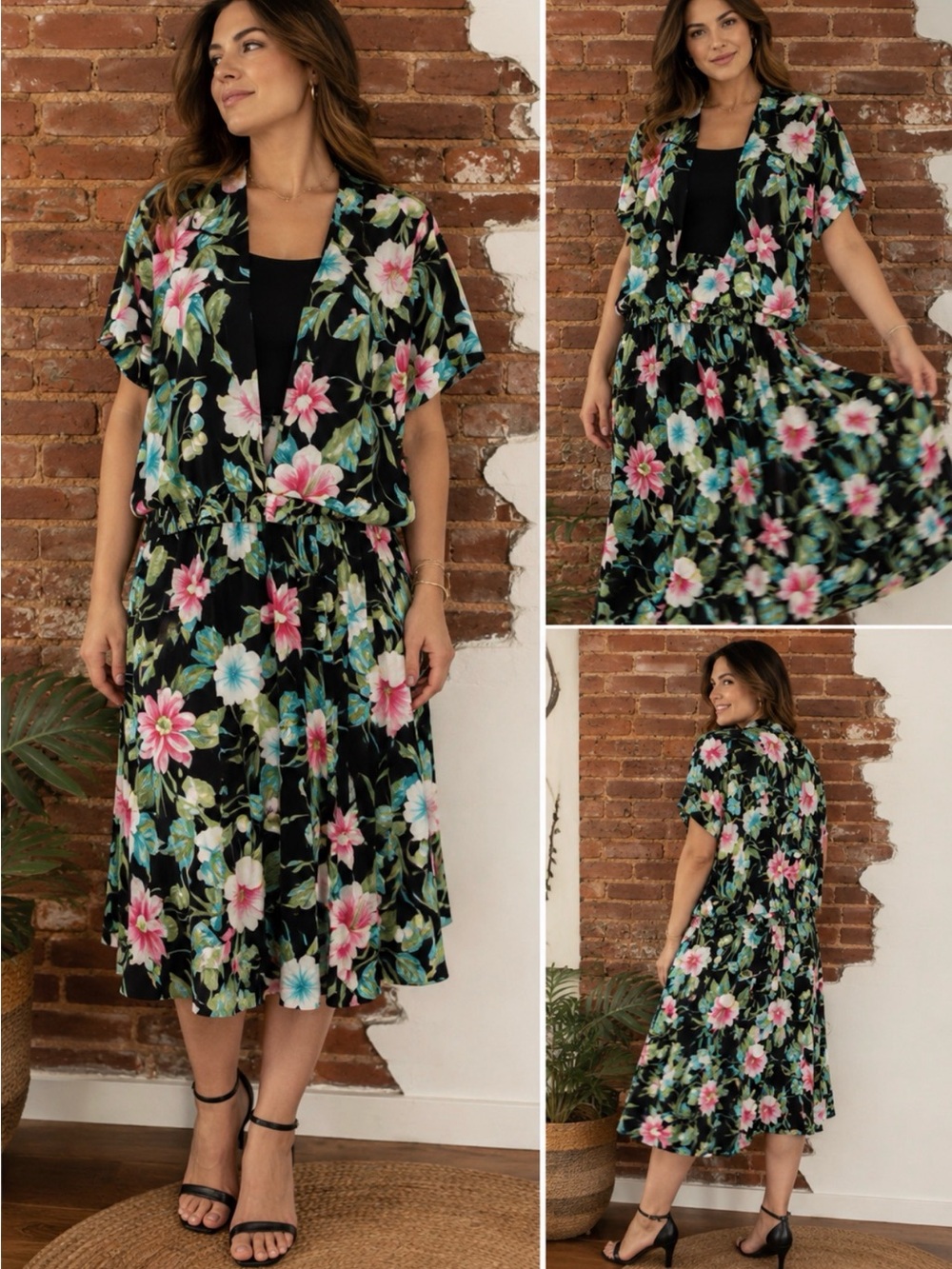 Vintage 90’s Alfred Dunner Tropical Floral Blouse & Midi Skirt Set Size 10